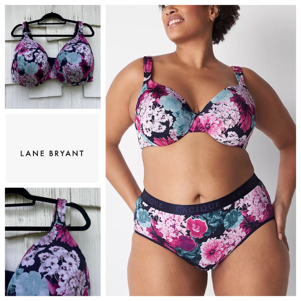Lane Bryant Cacique Floral Lightly Lined Full Coverage‎ Bra 42H Navy Underwire